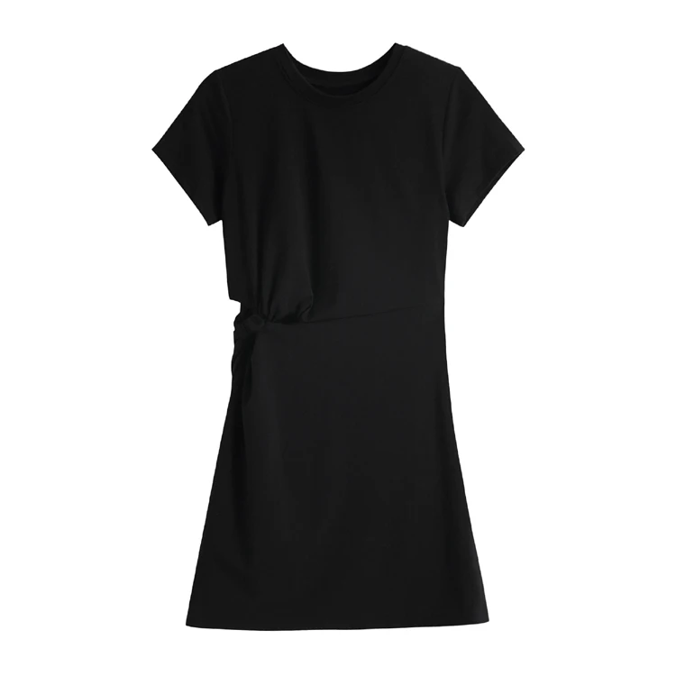 

2021 Women Summer Knitting Short Sleeve Dress Fashion Round Neck Slim Sexy Hollow Waist Black Casual Short Dress