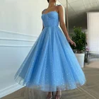 Синее платье принцессы для выпускного вечера, блестящее Тюлевое короткое платье без бретелек, плиссированное ТРАПЕЦИЕВИДНОЕ Вечернее Платье До Колена
