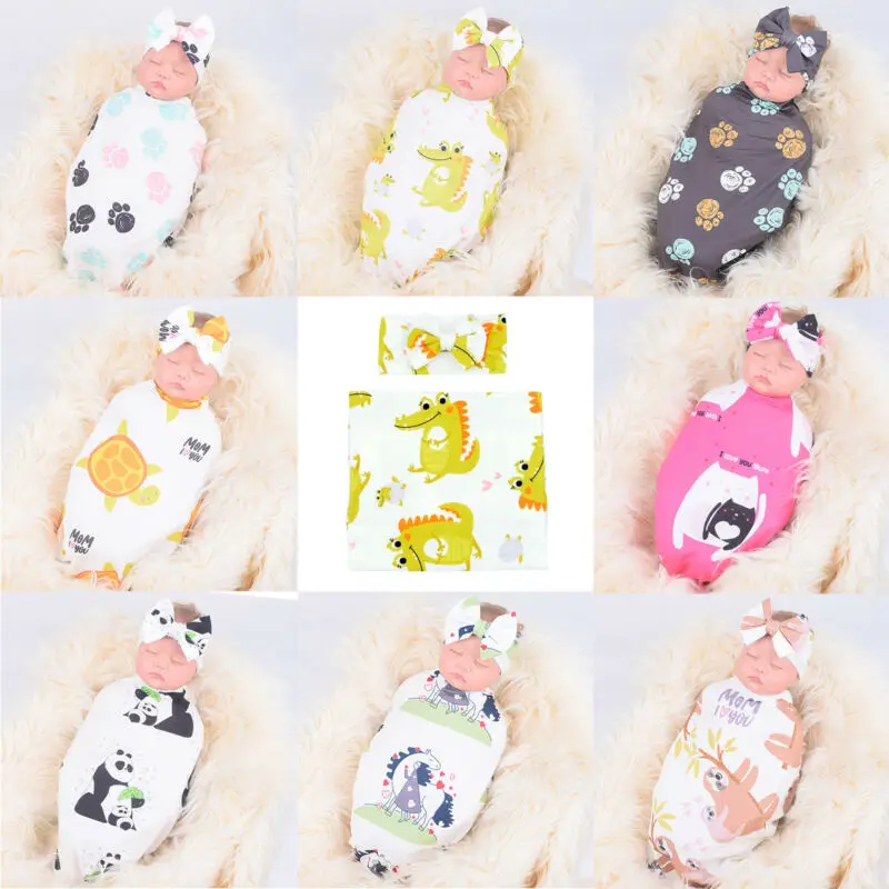 

New Infant Blanket Swaddle Cute Newborn Baby Muslin Wrap Swaddling Sleeping Bag + Headband