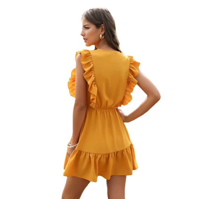 Women Summer Dress Casual Boho Beach Ruffles 2021Mini Dress Party Sexy V-Neck High Waist Female Dresses
