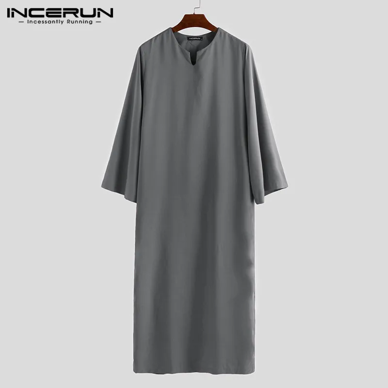 INCERUN, осень, мусульманская Мужская рубашка, кафтан, длинный рукав, v-образный вырез, солидные, свободные, халаты, Мужская одежда, кафтан,, большие размеры, топы, футболки