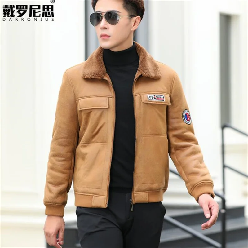 Plus velvet leather jacket men coats new suede and fur all-in-one bomber clothes motorcycle suit autumn and winter black brown