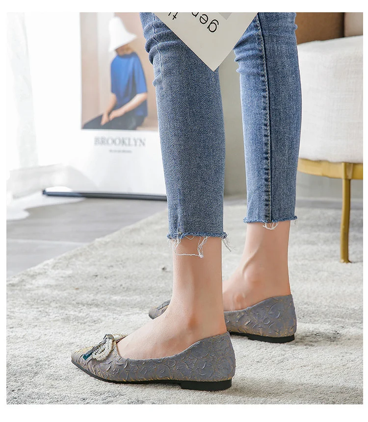 Size Big 41-43 Elegant Beads Bow-knot Ballet Flats Woman Satin Women Shoes Loafers Soft Bottom Moccasins Femme Hot