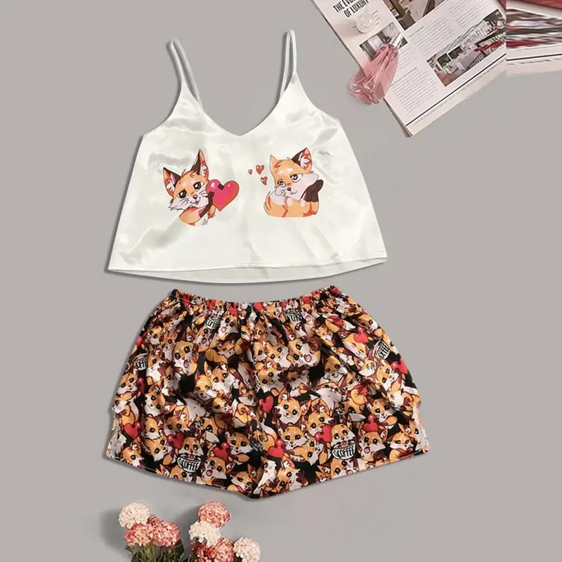 

Ladies Pajama Set Love Fox Print Cute Cartoon Pattern Sleepwear Silk V Neck Sexy Pijama Satin Night Home Suits Wear Spaghetti