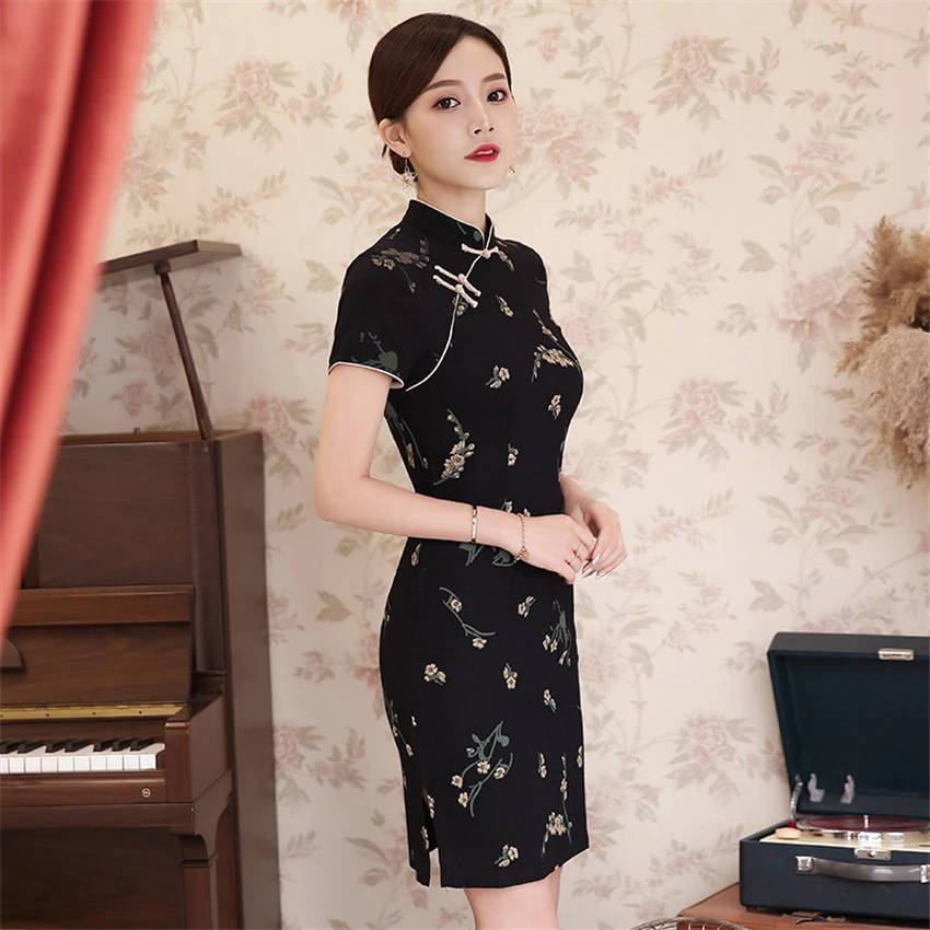 Традиционное китайское атласное платье Cheongsam Qipao для женщин короткий рукав вышивка древний костюм для вечеринок платья для взрослых