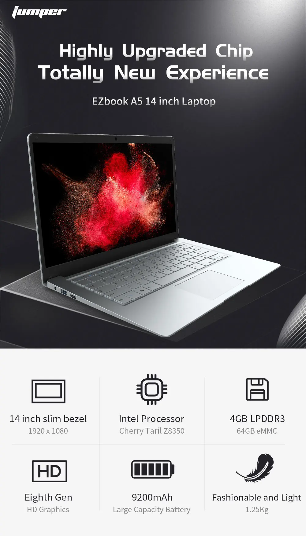 Jumper EZbook A5 14 дюймов ноутбук 1080P FHD Intel Cherry Trail Z8350 четырехъядерный ноутбук 1,44 ГГц Windows 10 4 Гб LPDDR3 64 Гб eMMC EU