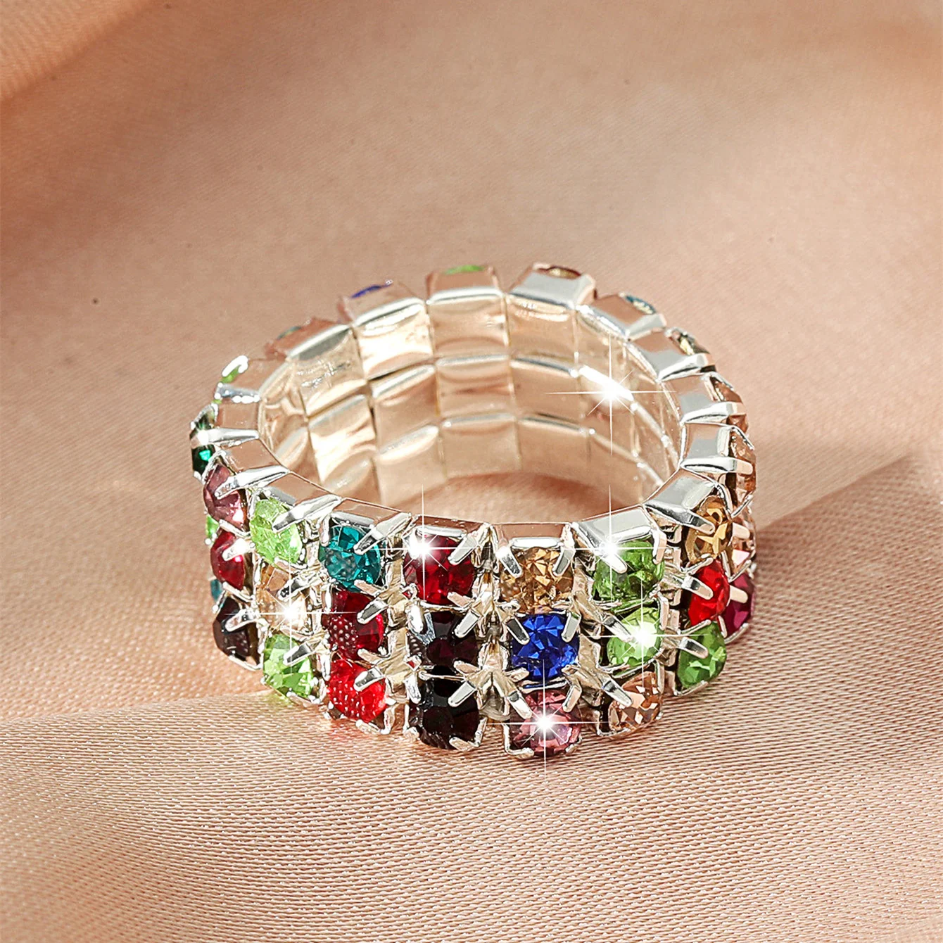 

MANGOSKY Elastic 925 Stering Silver CZ Crystal Ring Purple Red Blue Zircon