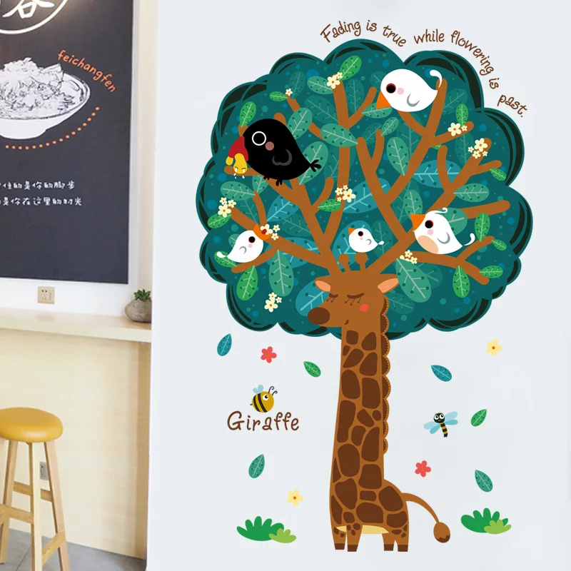 

Big Tree Giraffe Cartoon Wall Stickers Kids Room Bedroom Living Room Backdrop Wall Decoration Removable Decals Furniture Murals