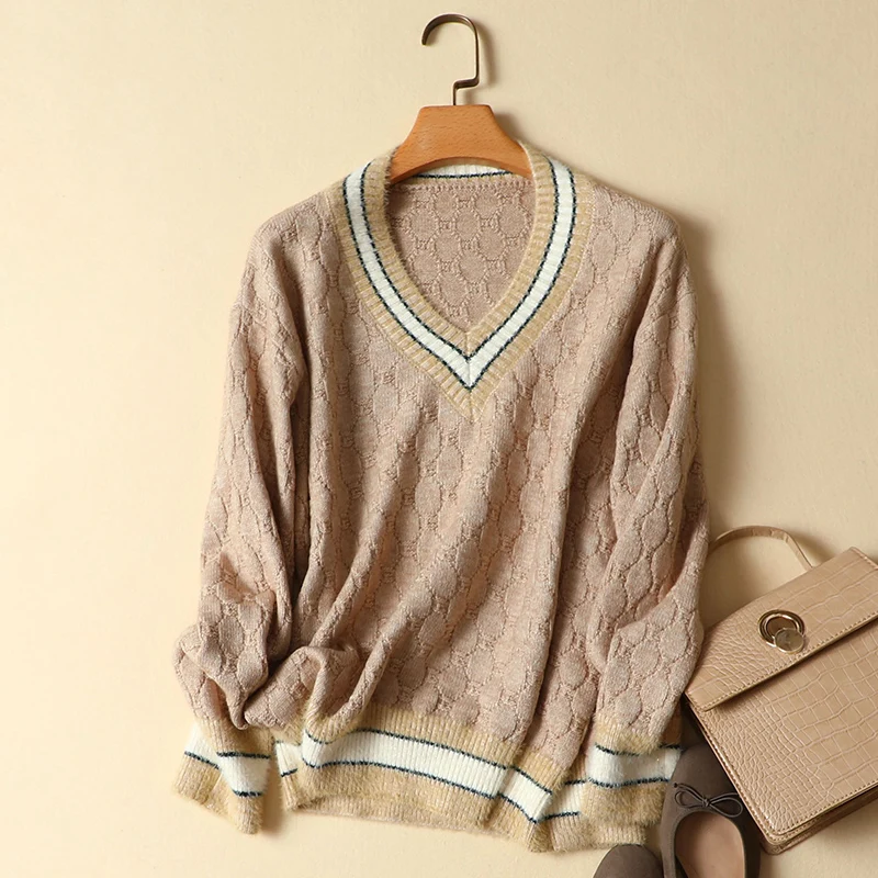 Женский вязаный свитер с V-образным вырезом свободный утепленный пуловер