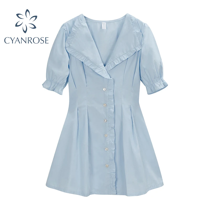 Летнее женское Элегантное повседневное мини-платье с голубым отворотом