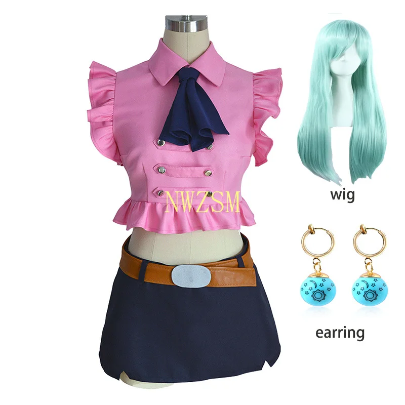Cosplay Costumes Women Japanese Anime The Seven Deadly Sins Elizabeth Liones Halloween Cosplay Uniform Suit Wig and Earrings