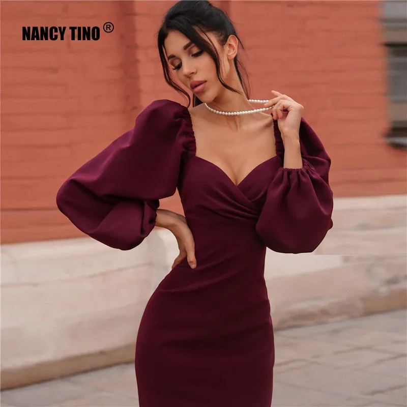 

Temperament Dress Women Mid-length Waist Puff Sleeve Dress Sexy Long-sleeved Dress 2021 Spring and Autumn New Dress Red Summer