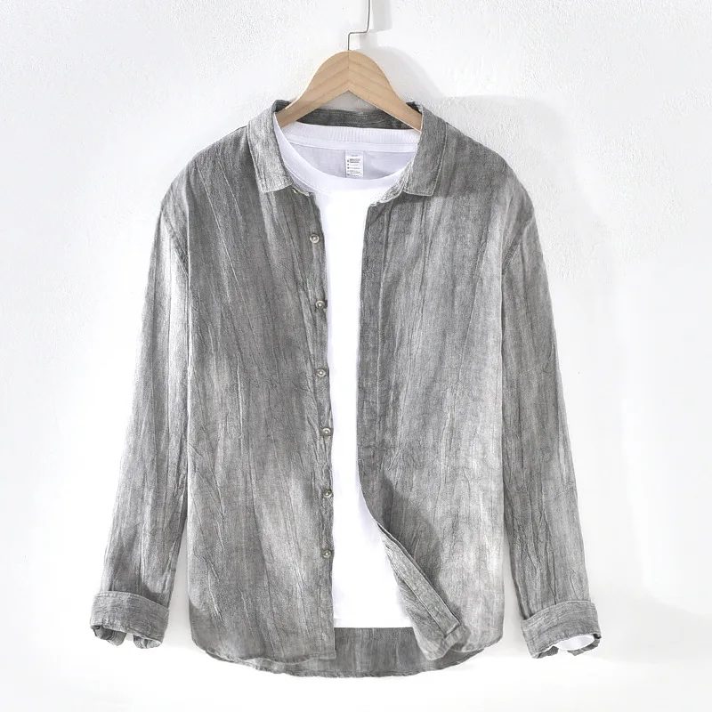 Рубашка мужская воздухопроницаемая винтажная сорочка из 100% льна мягкая дышащая