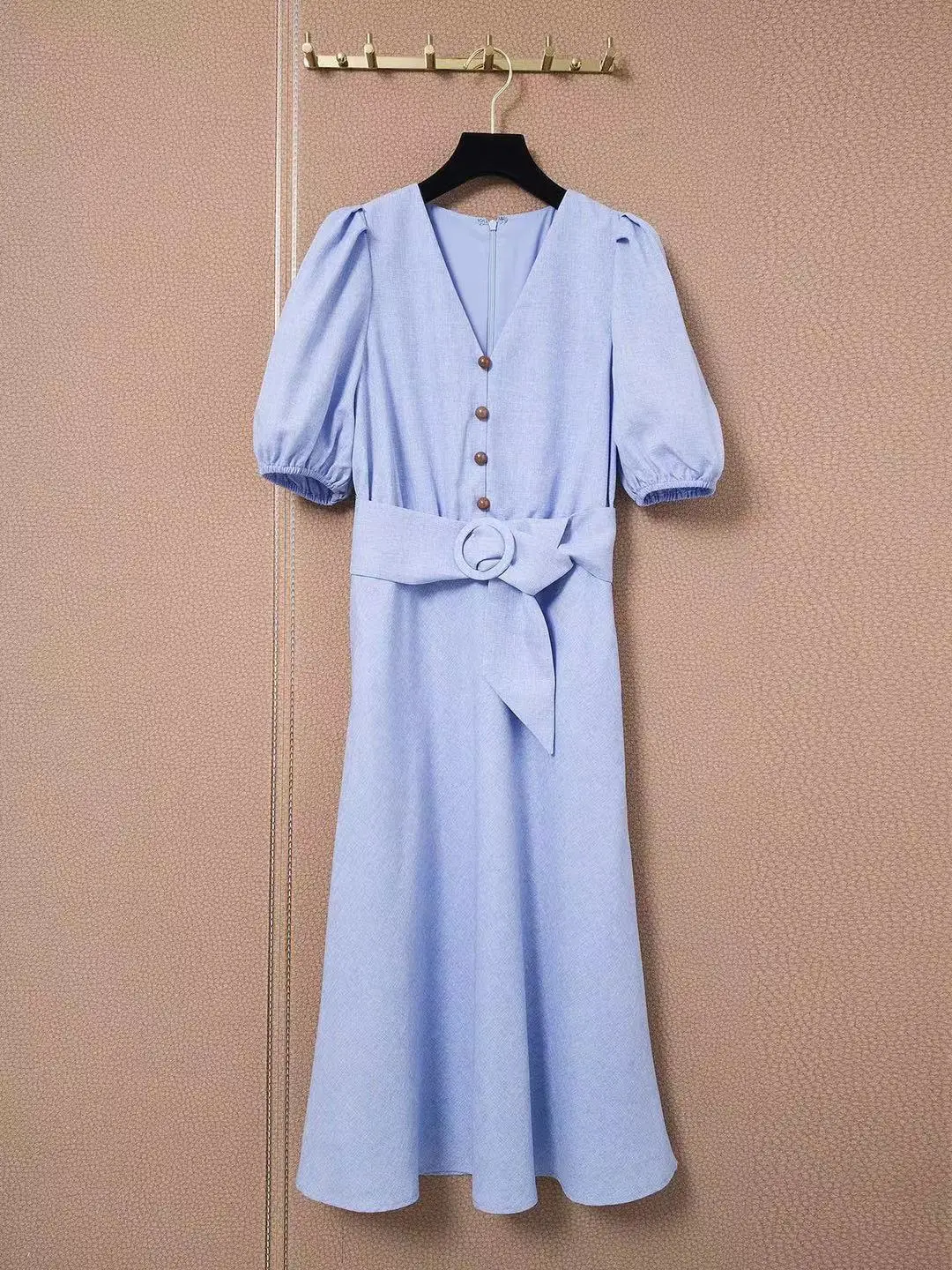 

2021 New Arrival Midi Dress High Quality Luxury Design Runway Dress Half Lantern Sleeves Belt Summer Blue Dresses Vestidos