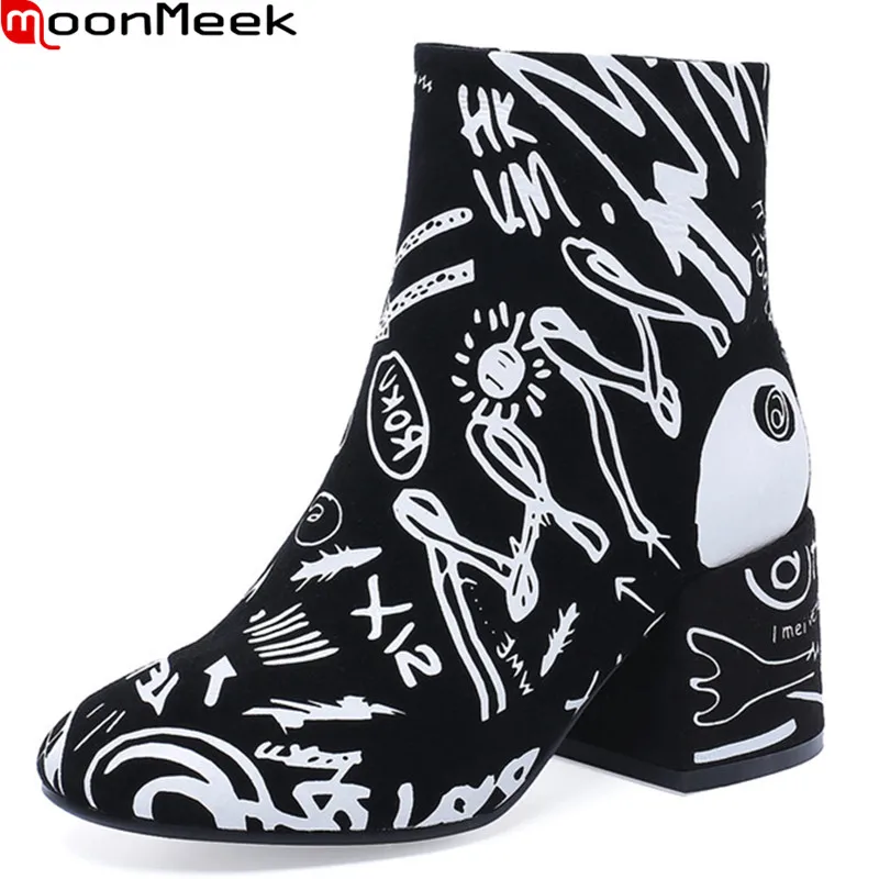 

MoonMeek 2021 New Arrival Women Boots High Quality Sheepskin Ankle Boots Thick Heels Fashion Graffiti Winter Boots