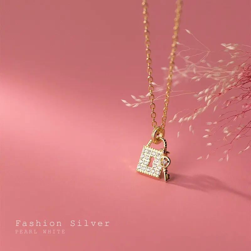 

A00951 925 Luxury Zircon Key Small Lock Pendant Chain Necklace for Women Genuine 925 Sterling Silver Punk Birthday Jewelry