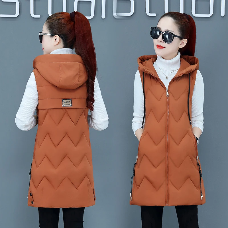 Зимний Длинный жилет без рукавов Женское пальто с капюшоном тонкая хлопковая