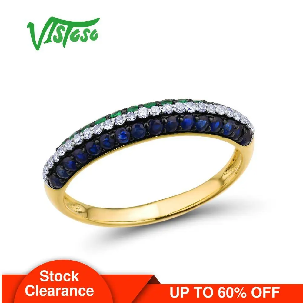 VISTOSO Gold Rings For Women Genuine 14K 585 Yellow Gold Ring Sparkling Blue Sapphire Magic Emerald Engagement Ring Fine Jewelry