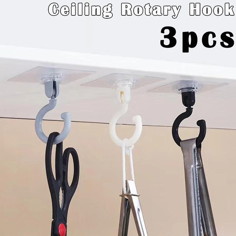 

3PCS Ceiling Rotary Strong Hook Household Multifunction Adhesive Hooks Kitchen Bathroom Wall Key Hanging Door Back Coat Holder