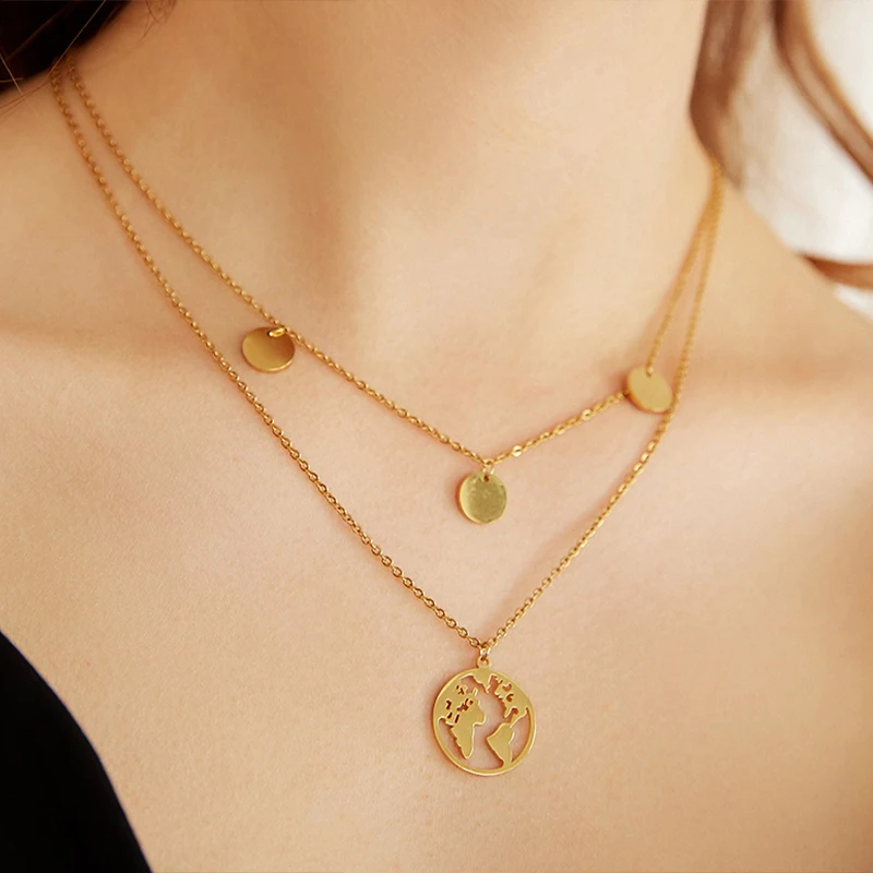 

MWM Vintage stainless steel Multi Layered Necklace For Women Bohemian Coin Star Moon Geometric Chain Round Pendant Necklace Coll