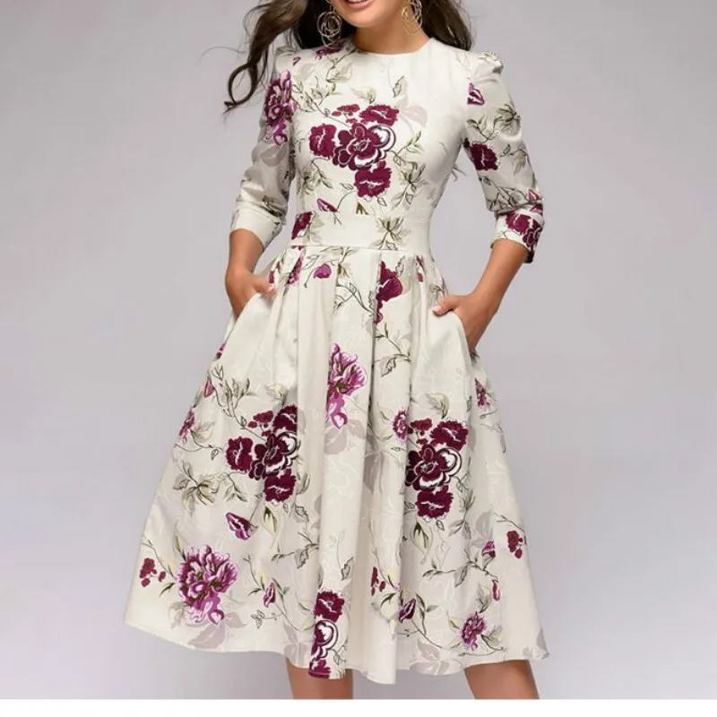 Женское винтажное вечернее платье трапеция Повседневное до колена с цветочным