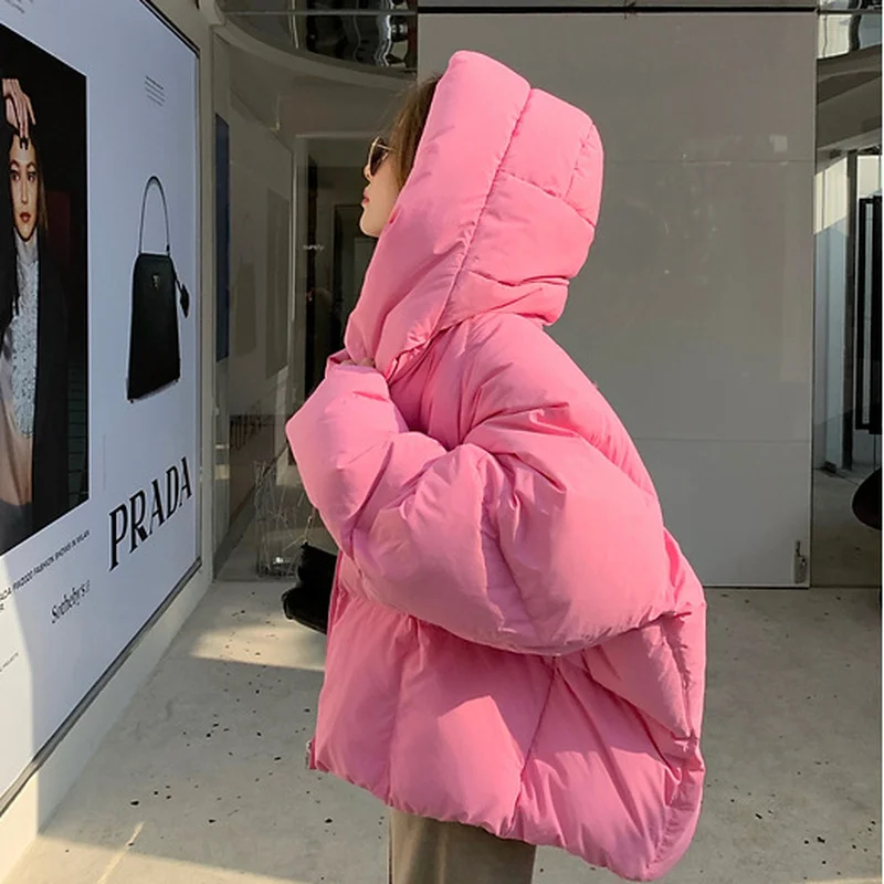 Winter Women Loose Down Quilted Coats Solid Pink Girls Parka Coat Warm Thick Cotton Padded Overcoat Hooded Puffer Jacket 2022