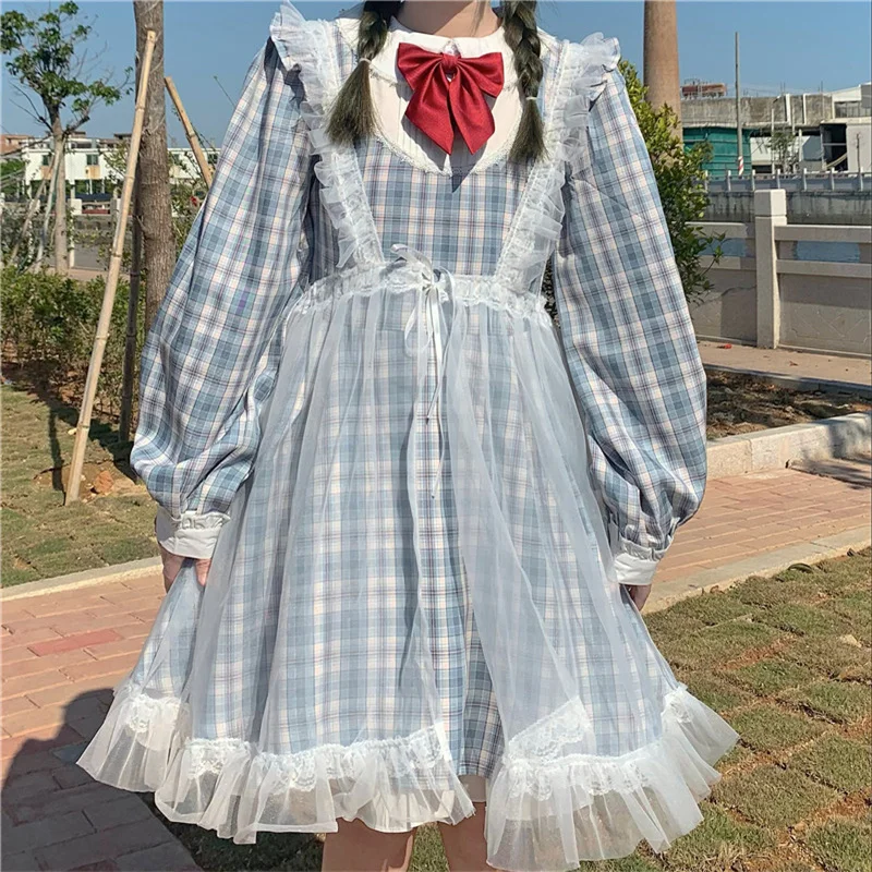 

Harajuku Lolita Dress Women Princess Bow Cute Plaid Vestidos Vintage Sweet Maid Cosplay Kawaii Dresses Lace Party Streetwear