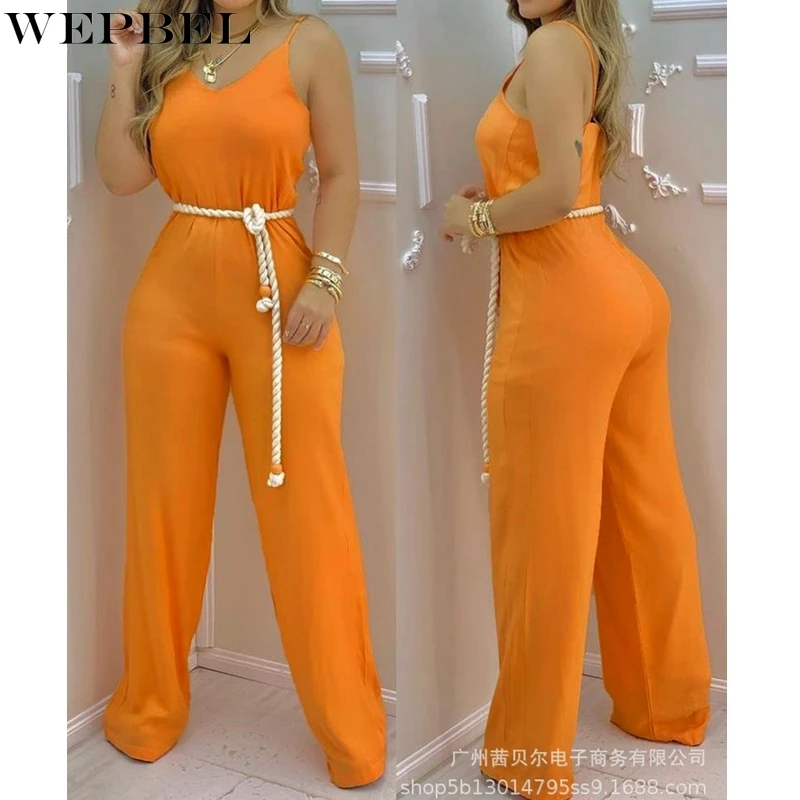 

WEPBEL Jumpsuits Women's Sexy Solid Color Straight Jumpsuits Summer Casual Sleeveless V-neck Spaghetti Strap Jumpsuits