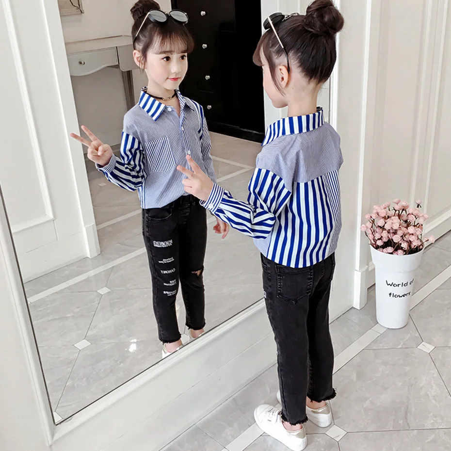 Blouse For Girls Striped Pattern Patchwork Shirt Children Spring Autumn Tank Tops 6 8 10 12 14 Year | Мать и ребенок