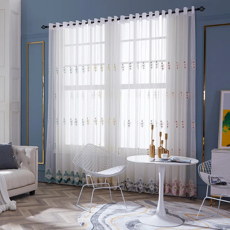 Пасторальная серая Цветочная белая марлевая вуаль с вышивкой для гостиной