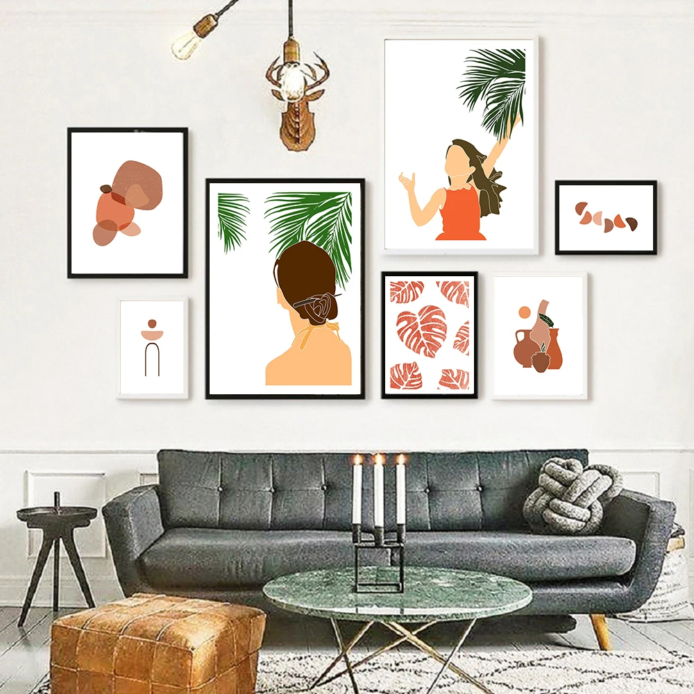 

Tropical Wall Canvas Painting Abstract Girl Curves Brown Arch Art Print Posters Terracotta Leaves Picture For Living Room Decor