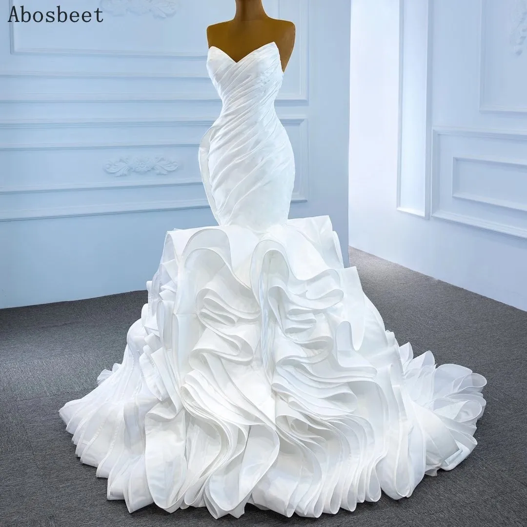 Mermaid Wedding Dress 2021 Plus Size Wedding Gowns for Bridal with Train Robe Mariee Top Pleat Ruffle Bottom V Neck Lace Up Back