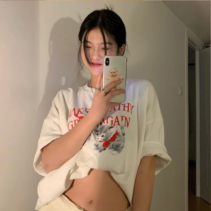 

2021 Summer New Retro Cat T-shirt Ladies Loose Oversized Korean Version Of The Long Short-sleeved Bottoming Shirt Top