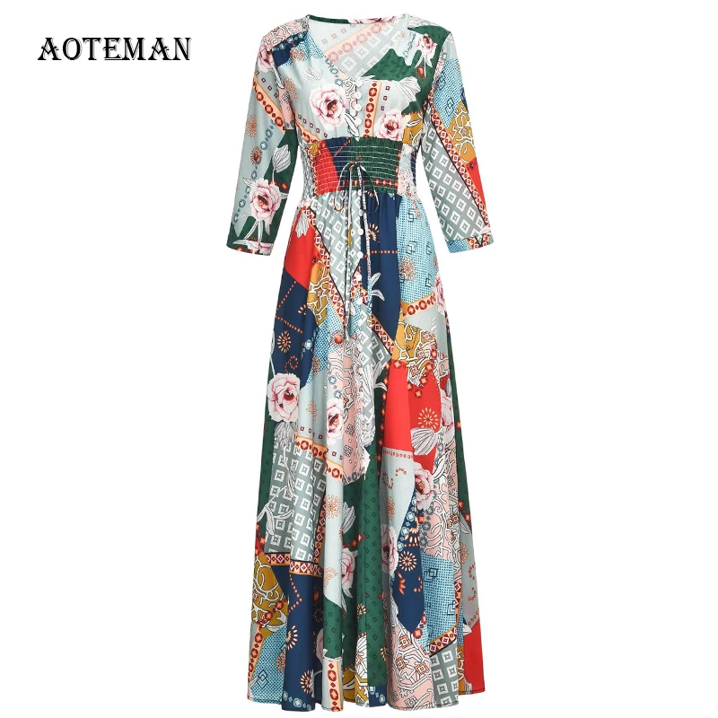 Женское винтажное пляжное платье с v-образным вырезом и цветочным принтом