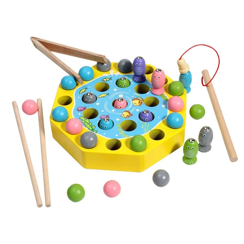 

Wooden Magnetic Fishing Toy with Pole Clip Chopsticks Educational Party Play Game for Kids