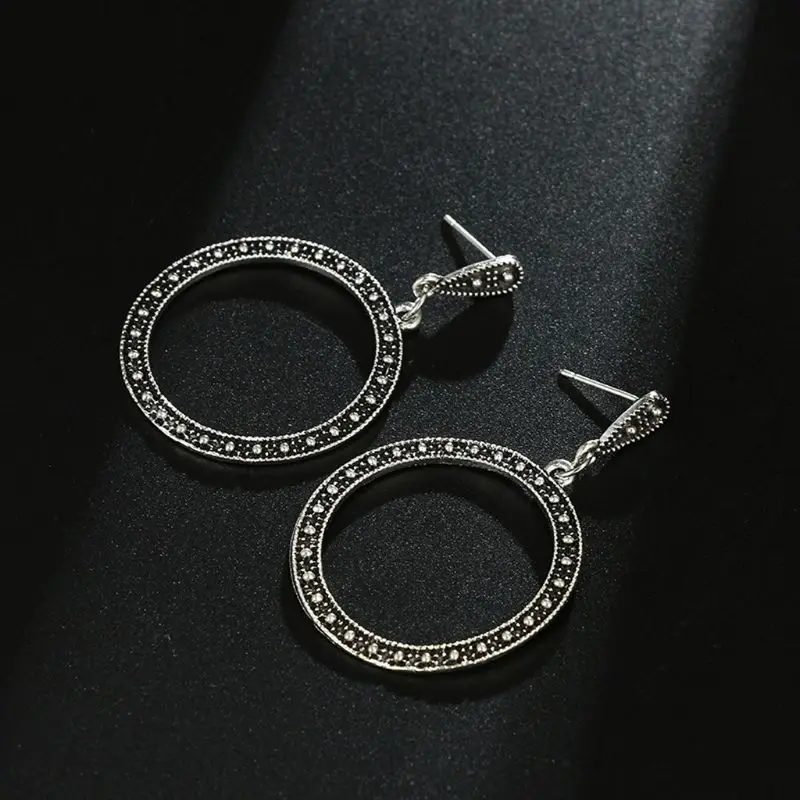 

Bohemian Antique Sliver Round Circle Drop Hoop Earrings Women Fashion Jewelry E56A