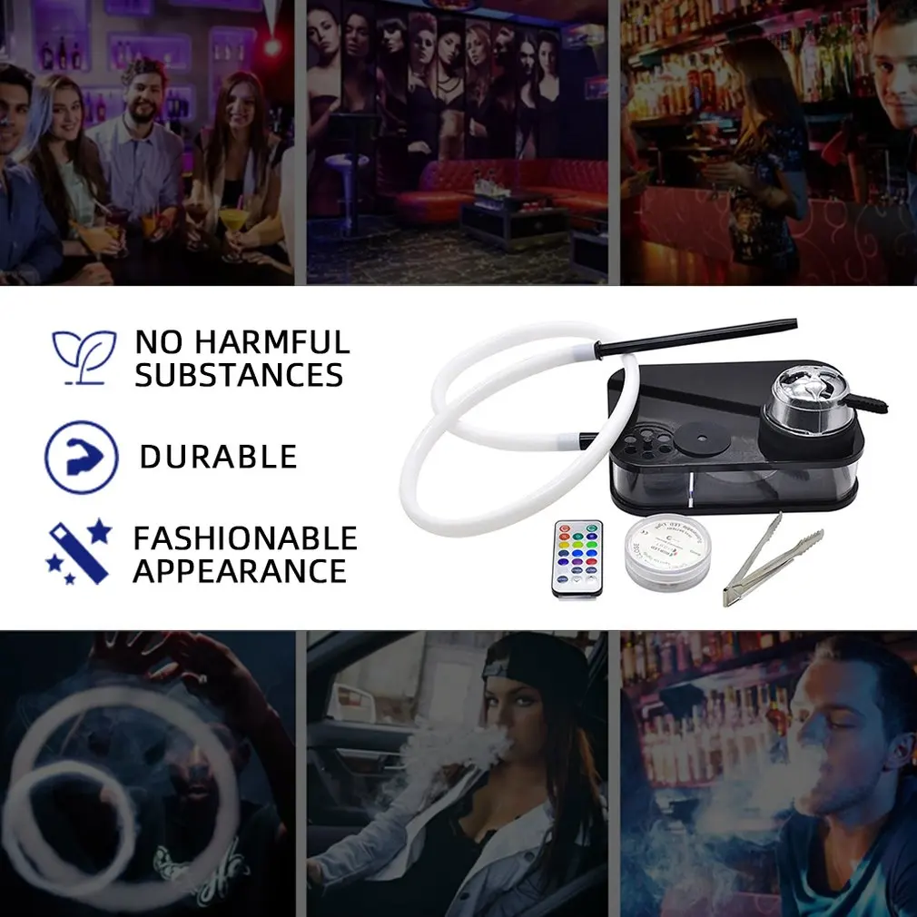 

Arab Hookah Set with LED Lamp Portable Square Box Acrylic Hokah Shisha Include Shisha Bowl Colorful Silicone Pipe