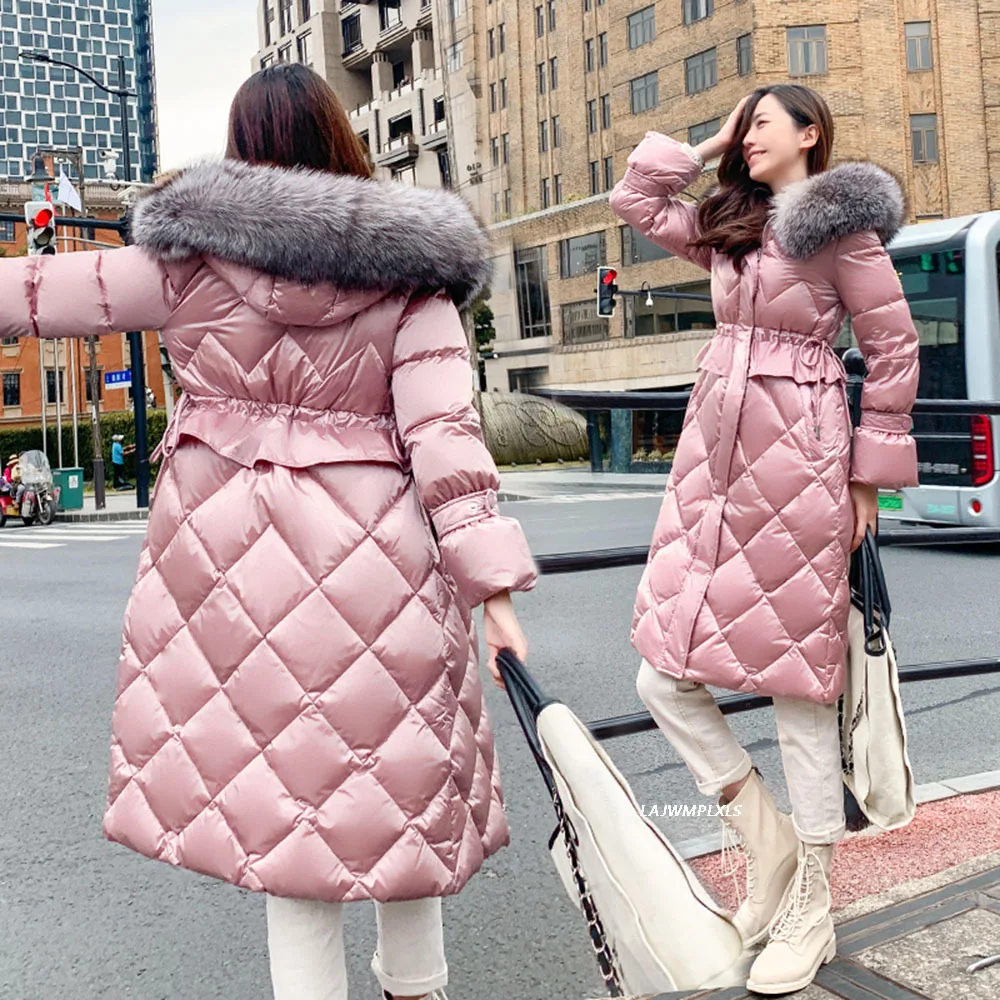 

2022 New High Quality Women Down Coats Real Fur Collars Adjustable Waist Winter Warm Long White Down Jackets Casual Outerwear