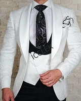 white floral wedding tuxedo for groom 3 piece slim fit double breasted waistcoat jacket with black pants male fashion costume