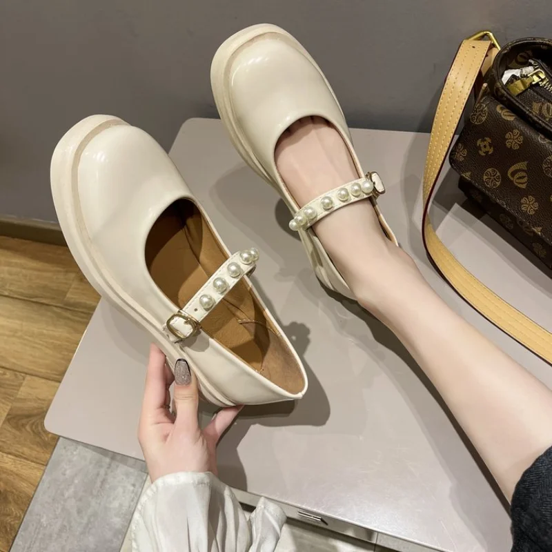 

Thick Heels Spring 2021 Pearl Mary Jane Single Shoes Instagram Trend Vintage Flats Womens Shoes