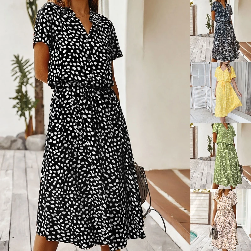 

Женское свободное платье с лямкой на шее, Летнее Длинное Платье с принтом в горошек, без рукавов, с поясом, с высокой талией и плиссированным ...