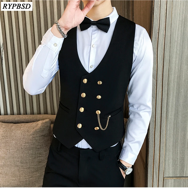 

Men Vest Jacket Fashion Double-breasted Solid Slim Fit Business Vest Men Sleeveless High Quality Casual Suit Vest Jacket Men