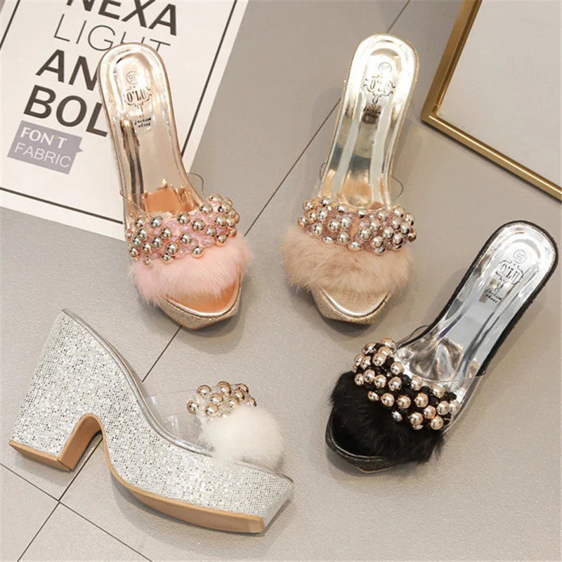 2019 г. женские сандалии на танкетке с жемчужинами и блестками шлепанцы платформе 4