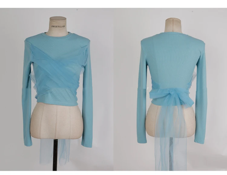 

Female Mesh Patchwork Bowknot Slim Crop Tops 2021 Spring Solid Woman T-Shirts