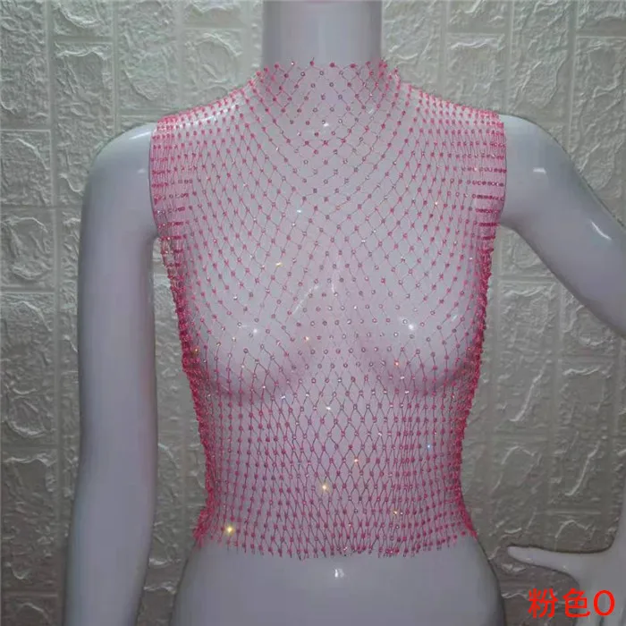 Pink O-neck FestivalQueen Сексуальная Бриллиантовая сетка обрезанная майка женская летняя накидка бикини Прозрачная сетка со стразами вечерние клубный кроп-топ - Цвет: Pink O-neck