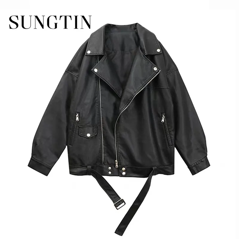 

Sungtin Women Loose Pu Leather Jacket Black Soft Faux Leather Jacket Street Moto Biker Leather Coat Jacket Lady Casual Outerwear
