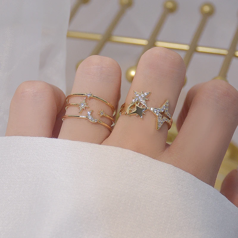 

Delicate Jewelry 14K Gold Plated Adjustable Pierced Star Crystal Rings for Women Simple Style Cubic Zircon Rings Set