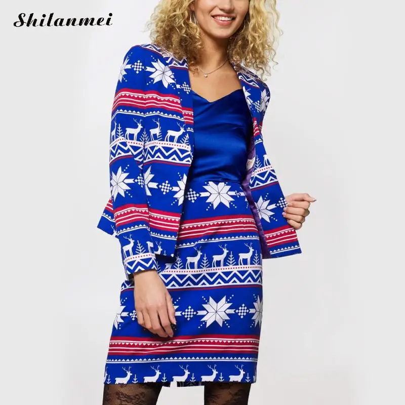 

2019 Autumn Winter Christmas 2 Pieces Set Women Business Blazers & Skirt Suit Christmas Printed Lady Office Casual Skirt Suits