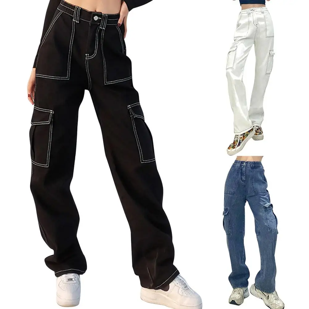 

Pockets Baggy Jeans Fashion 100% Cotton Women Denim Straight High Waist Versatile Pants Zippe Button Closure Big Pocket