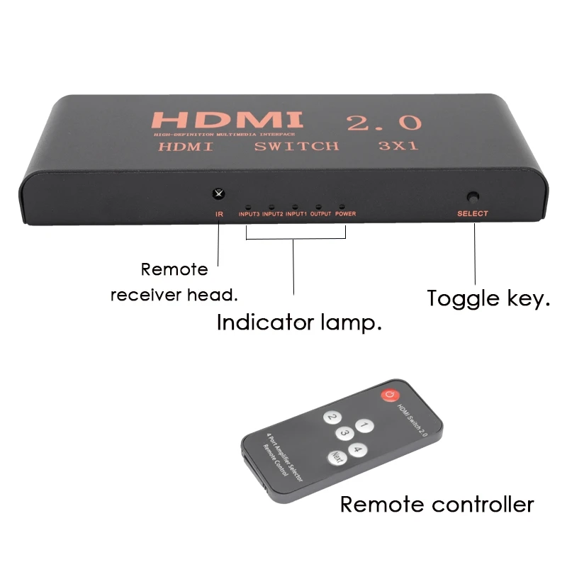 

3 in 1 Out 2.0 Switcher 4K60HZ HD Switcher Supports Blu-Ray Input/3D Output/HDCP2.2/HDR Dynamic